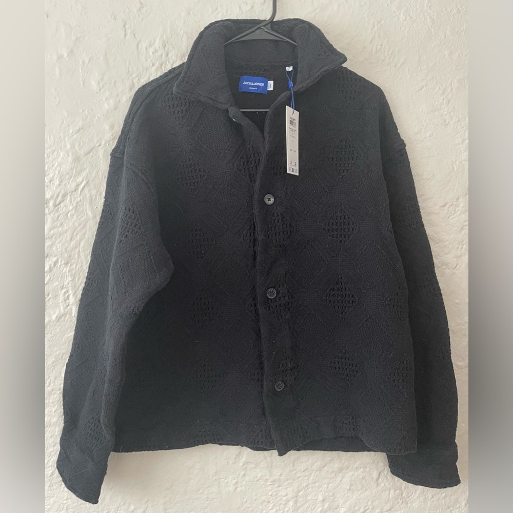 Jack & Jones JORGREENPOINT Jacquard Black Cardigan Sweater, Button Up, Collared